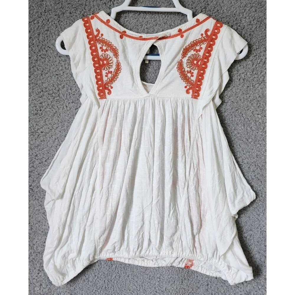Free People Women's Dos‎ Segundos Embroidered Cap Sleeve Top Elastic Waist Sz M